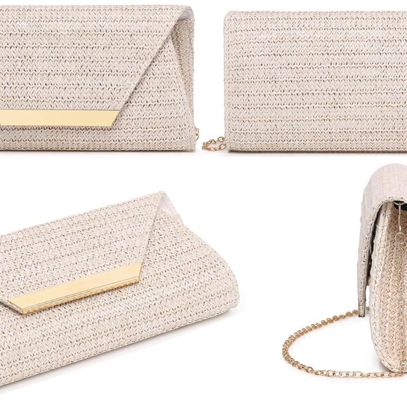 Elegant Straw Patent Leather Clutch Bag for Women with Gold Metal Accents - Picture 2 of 5